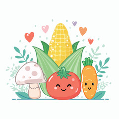 Fototapeta premium A charming group of cute cartoon vegetable characters, including a tomato, corn, carrot, and mushroom, smiling happily with love hearts