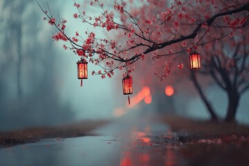Romantic Sakura Path With Hanging Lanterns