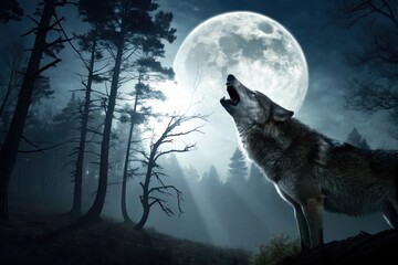 wolf howling with dark forest and full moon in background