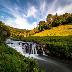 A tranquil waterfall cascading down a hillside, framed by lush greenery and a vibrant sky