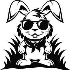 Stylish cartoon bunny wearing sunglasses and a scarf sits amidst some black grass