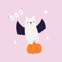 Cute Halloween Bat Character Dancing on Pumpkin. Animal Illustration for Kids