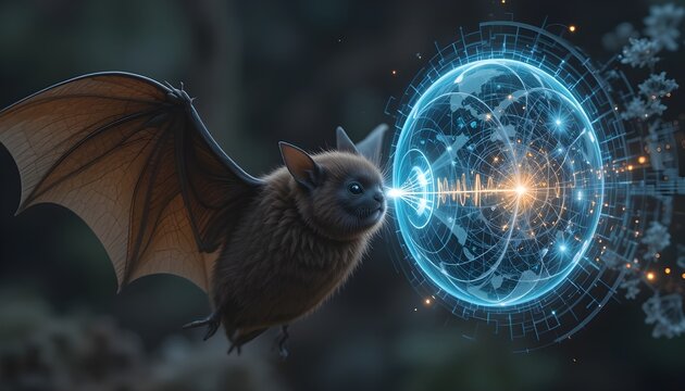 A bat emitting a sonic wave towards a digital sphere