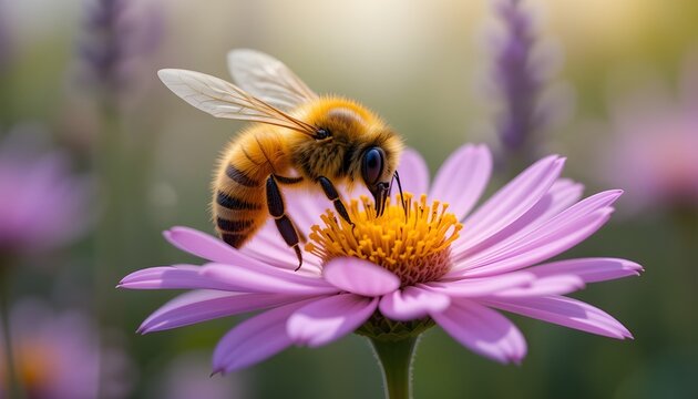 A bee collecting pollen from a pink daisy flower head - Powered by Adobe