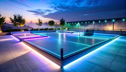 Modern Rooftop Skatepark at Dusk with Neon Lighting and Dramatic Sky