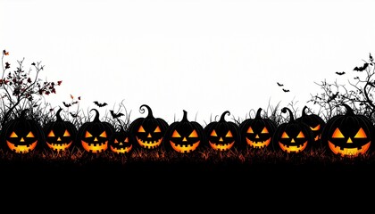 Solid black pumpkin silhouettes with warm orange and yellow inner glow, sitting on a dark base. Clean white background, perfect for Halloween designs, posters, and templates.