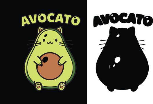 Avocato Character Logo &ndash; Cute Avocado Cat Hybrid with Pit Belly in Color and Silhouette Versions
