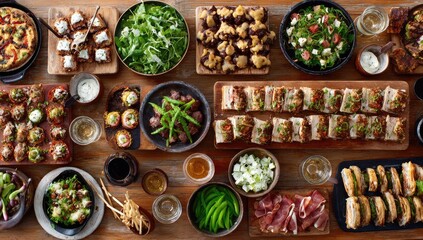 Buffet spread of diverse appetizers and small plates on a light-colored wooden table