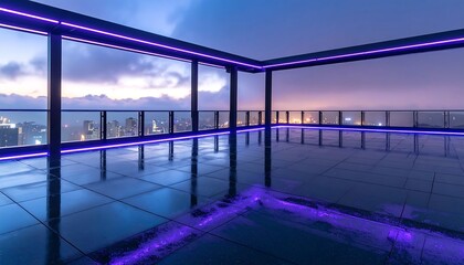 Modern Rooftop Terrace at Dusk with City Skyline and Purple Neon Lighting