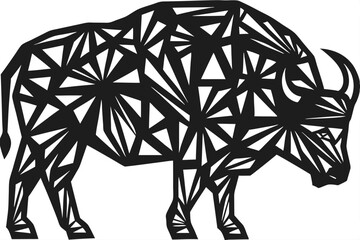 Stylized bison showcases unique geometric pattern in navy, standing against plain background, creating bold impact