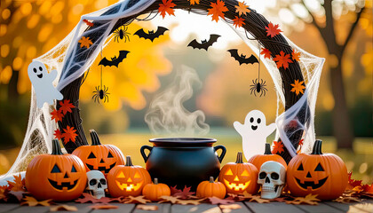 A frame consisting of a garland of Halloween elements: pumpkins, a black cauldron, skulls, cobwebs and spiders, bats, and cheerful ghosts