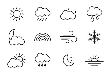 Collection of weather vector icons. Weather icon isolated on white background. Contains sun, cloud, rain, summer, spring, cloudy season and thunder weather. Clouds logo and sign collection.  
