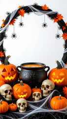 A frame consisting of a garland of Halloween elements: pumpkins, a black cauldron, skulls, cobwebs and spiders, bats, and cheerful ghosts