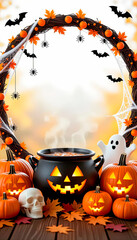 A frame consisting of a garland of Halloween elements: pumpkins, a black cauldron, skulls, cobwebs and spiders, bats, and cheerful ghosts
