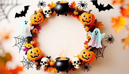 A frame consisting of a garland of Halloween elements: pumpkins, a black cauldron, skulls, cobwebs and spiders, bats, and cheerful ghosts