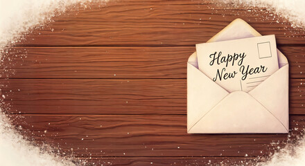 New Year’s card for friends inside envelope on wooden background  