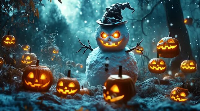 Angry evil snowman with glowing eyes surrounded by sinister pumpkins in a dark snowy forest. Perfect for eerie Halloween and spooky seasonal themes.