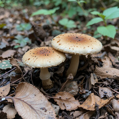 Young cap mushrooms Agaricus grow in forest litter