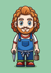 Cartoon male worker in overalls holding tools