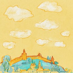 handcrafted painting captures the view of Nizhny Novgorod, featuring the iconic Kremlin and surrounding buildings. Lush trees frame the scene, adding a touch of nature to the historic cityscape.