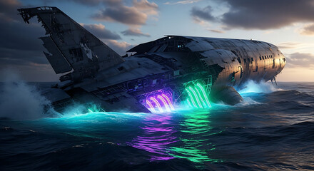 Futuristic Spaceship Wreckage Illuminated by Bioluminescent Waters