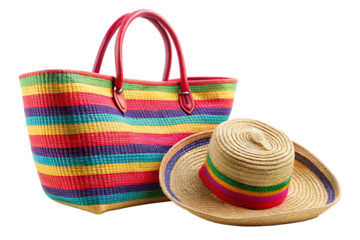 straw colorful beach bag and hat isolated on white background PNG,AI GENERATED