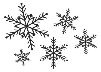 Five stylized snowflakes with varying sizes and designs scattered on a white background creating a winter scene created with generated ai
