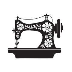 Black and white silhouette logo of vintage sewing machine isolated, floral decor silhouette