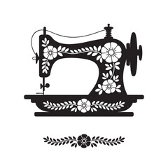Black and white logo of sewing machine silhouette, vector design element