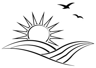 Illustration of a sunrise over rolling hills with two birds flying in the sky in black and white style created with generated ai