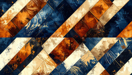 Abstract diagonal pattern with textured blocks in shades of blue, brown, and beige creating a dynamic, geometric design.