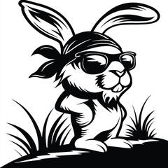 The cool rabbit with sunglasses and a bandana stands confidently on a grassy hill