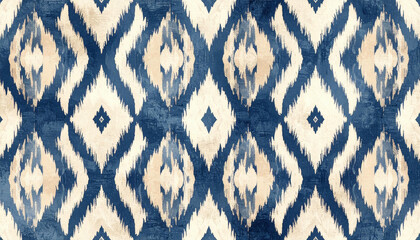 A repeating, diamond-shaped pattern with a tie-dye effect in cream and navy blue.