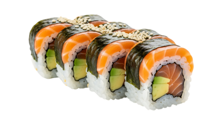 Sushi rolls with salmon and avocado on black seaweed