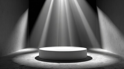 Spotlight illuminates empty circular stage, perfect for product launch or award presentation, creating dramatic focus and anticipation