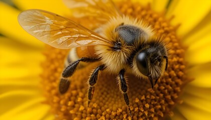 A bee perched atop a vibrant yellow sunflower bloom