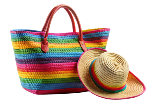 straw colorful beach bag and hat isolated on white background PNG,AI GENERATED