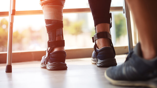 Person with leg brace and crutch walking indoors, close-up of feet and lower legs