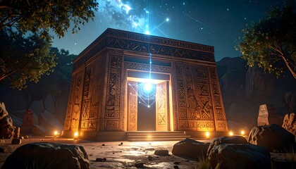 Mysterious Ancient Structure at Night Illuminated by Glowing Light