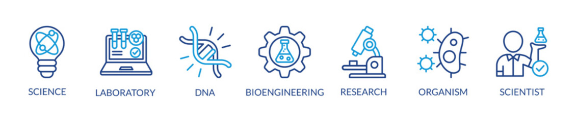 Biotechnology concept Vector Illustration. Horizontal banner. Contains icons bioengineering, DNA, Research, Science, laboratory