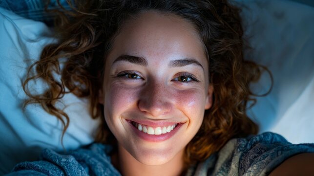 Woman smiling in bed at night. - Powered by Adobe