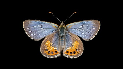 Obraz premium Close up of a wet butterfly with open wings on a black background isolated 90 char