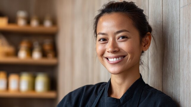 Woman chef smiling at camera in kitchen setting.