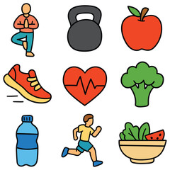 Hand-drawn cartoon healthy lifestyle icon set isolated on white background. Yoga, weight, apple, sneakers, heartbeat, broccoli, water bottle, run, salad. Vector illustration.