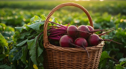 Organic beetroot with leaves in wicker basket