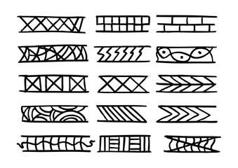 Hand-drawn collection of abstract geometric borders and decorative pattern elements. A creative set of sketched monochrome dividers isolated on white