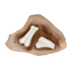 A watercolor illustration of discovered bones. Ancient skeletal remains painted in soft tones. Perfect for science themes.
