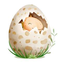 Cute baby dinosaur in egg. Watercolor prehistoric dino character sitting inside shell for kids design
