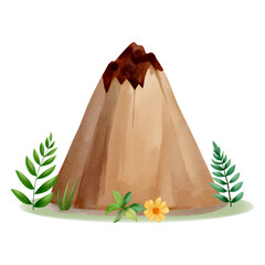 A watercolor volcano mountain. Surrounded by green grass and wild flowers. Peaceful natural landscape illustration.