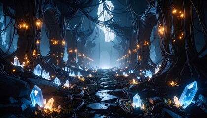 Mysterious Glowing Path Through Dark Fantasy Forest with Crystals
